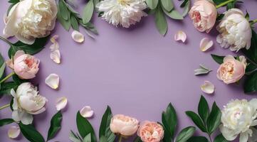 White Peonies and Buds Arranged on a Purple Background photo