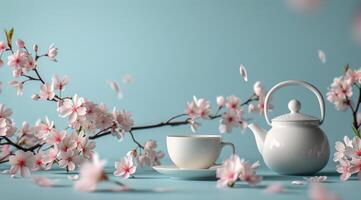 White Teapot and Cup With Falling Cherry Blossoms on a Blue Tabletop photo