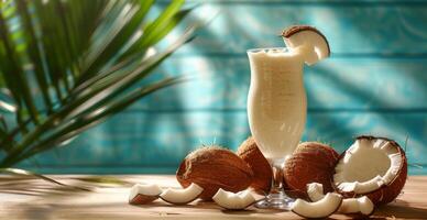Fresh Coconut Milk Smoothie With Tropical Palm Leaves and Sunlight photo