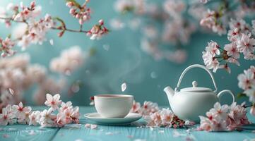 White Teapot and Cup With Falling Cherry Blossoms on a Blue Tabletop photo