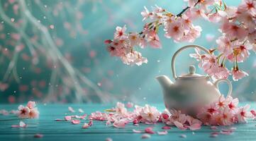 White Teapot and Cherry Blossom Petals on a Blue Background photo