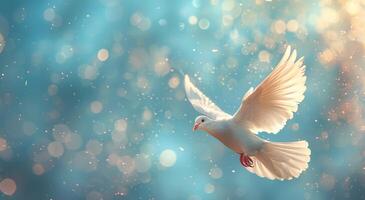 White Dove Soaring in a Blue Sky photo