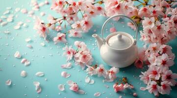 White Teapot and Cherry Blossom Petals on a Blue Background photo