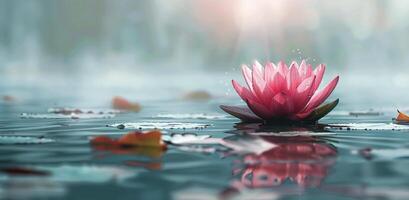 Pink Water Lily Floating On Calm Water In The Morning Mist photo
