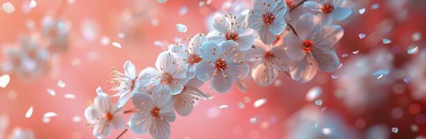 White Cherry Blossoms Falling on Pink Background photo