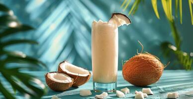Fresh Coconut Milk Smoothie With Tropical Palm Leaves and Sunlight photo