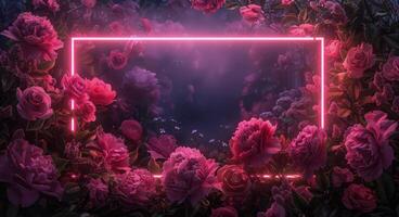 Pink Neon Frame Surrounding Peonies in a Garden at Night photo