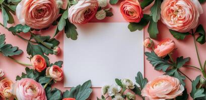 Pink Ranunculus Flowers Surrounding Blank Card on Light Pink Background photo