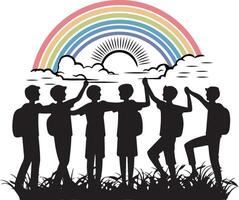 silhouettes of four boys standing in front of a rainbow vector