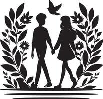 silhouette of a couple walking hand in hand with a bird in the background vector