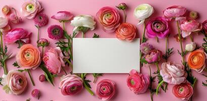 Pink Ranunculus Flowers Arranged in a Border on a Pink Background photo