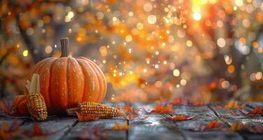 Pumpkins and Corn on a Wooden Table With Fall Foliage and Bokeh Lights photo