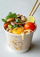 Close Up of a Paper Cup Filled With Noodles, Mushrooms, and Egg Yolk photo