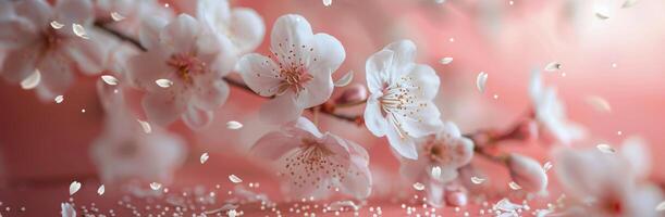 White Cherry Blossoms Falling on Pink Background photo