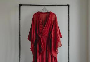 Red Kimono Robe Hanging On Clothes Rack photo