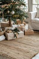 Decorated Christmas Tree With Gifts And A Candle On A Woven Rug photo