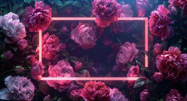 Pink Neon Frame Surrounding Peonies in a Garden at Night photo