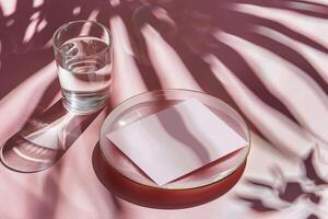 Glass of Water and White Card on Plate With Palm Leaf Shadows photo