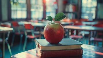 Red Apple on Top of Books in Empty Classroom photo