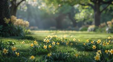 Daffodils Blooming in a Sunny Park Meadow photo