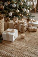 Decorated Christmas Tree With Gifts And A Candle On A Woven Rug photo