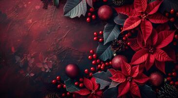Christmas Decorations With Holly, Poinsettia, and Pine Cones on a Red Background photo