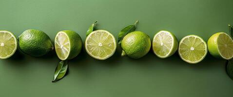 Whole and Halved Limes Arranged on Green Background photo
