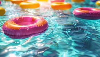Pink And Orange Inflatable Ring Floating In Pool Water On Summer Day photo