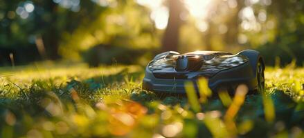 Robotic Lawn Mower Resting in Grassy Backyard During Sunset photo