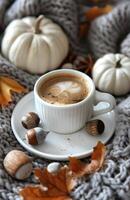 Cup of Coffee With Autumnal Decorations on a Knitted Blanket photo