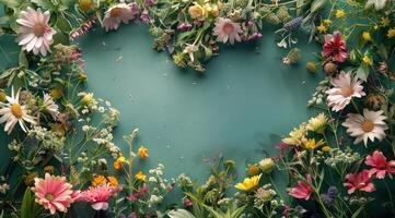 Colorful Wildflowers Arranged Around a Green Background photo