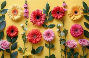 Colorful Flower Arrangement on Yellow Background photo