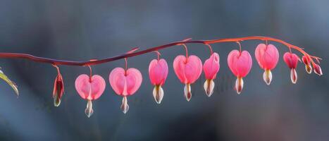 Pink Bleeding Heart Flowers Blooming in Sunlight on a Branch photo