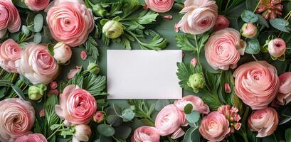 Pink and White Ranunculus Flowers Surrounding a Blank White Card on a Dark Background photo