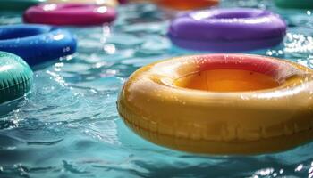 Pink And Orange Inflatable Ring Floating In Pool Water On Summer Day photo