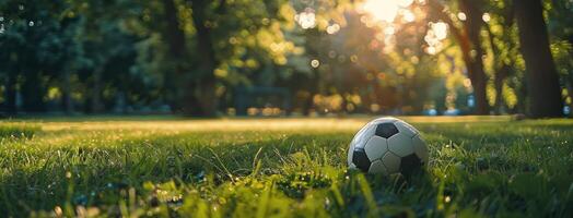 Soccer Ball Resting in Green Grass on Sunny Day in Park photo