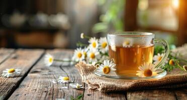 A Cup of Chamomile Tea on a Sunny Day With Daisies photo