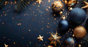 Blue and Gold Christmas Ornaments With Pine Sprigs on Dark Blue Background photo