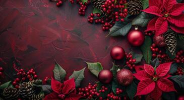 Christmas Decorations With Holly, Poinsettia, and Pine Cones on a Red Background photo
