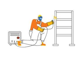Welding Service Illustration featuring a Professional Welder Working on Metal Structures, Pipes, and Steel Constructions in a Flat Background vector