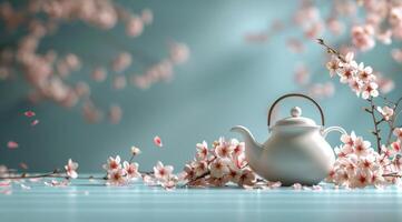 White Teapot and Cherry Blossom Petals on a Blue Background photo