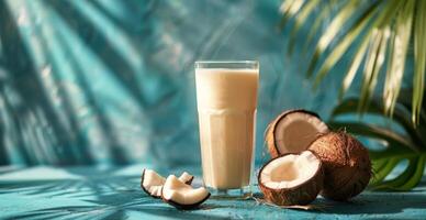 Fresh Coconut Milk Smoothie With Tropical Palm Leaves and Sunlight photo