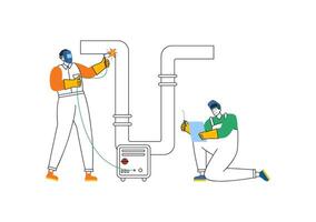 Welding Service Illustration featuring a Professional Welder Working on Metal Structures, Pipes, and Steel Constructions in a Flat Background vector