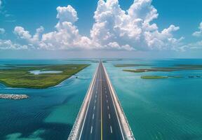 Aerial View of a Highway Bridge Crossing a Turquoise Sea on a Sunny Day photo