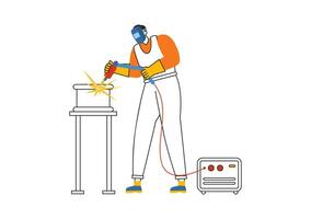 Welding Service Illustration featuring a Professional Welder Working on Metal Structures, Pipes, and Steel Constructions in a Flat Background vector