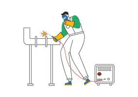 Welding Service Illustration featuring a Professional Welder Working on Metal Structures, Pipes, and Steel Constructions in a Flat Background vector