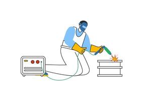 Welding Service Illustration featuring a Professional Welder Working on Metal Structures, Pipes, and Steel Constructions in a Flat Background vector
