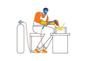 Welding Service Illustration featuring a Professional Welder Working on Metal Structures, Pipes, and Steel Constructions in a Flat Background vector