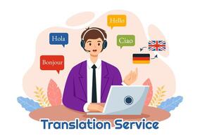 Translator Service Illustration with Language Translation for Various Countries and Multilanguage Using Dictionary in a Flat Cartoon Background vector