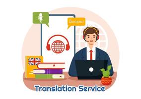 Translator Service Illustration with Language Translation for Various Countries and Multilanguage Using Dictionary in a Flat Cartoon Background vector